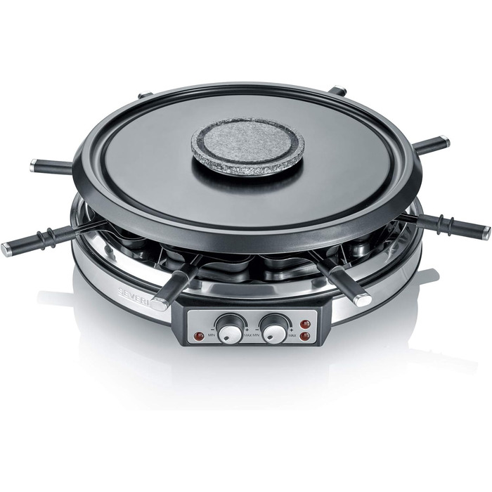 Комбінація SEVERIN Raclette-fondu, 1900 Вт, раклет на 8 осіб з каменем для гриля, комбінація раклету і фондю 2 в 1 з 8 сковородами, скребками і виделками для фондю, RG 2348