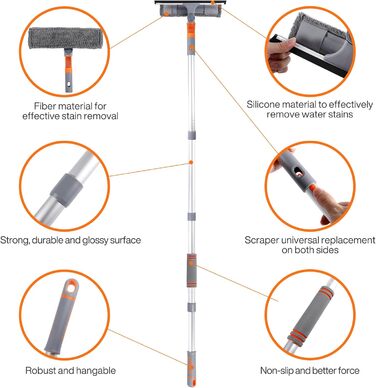 Професійний очищувач склоочисників GUHAOOL, Душовий склоочисник 2-в-1 з подовжувачем 58-162 см, Телескопічний мийник вікон з поворотною головкою, Інструменти для миття скла для внутрішніх високих вікон