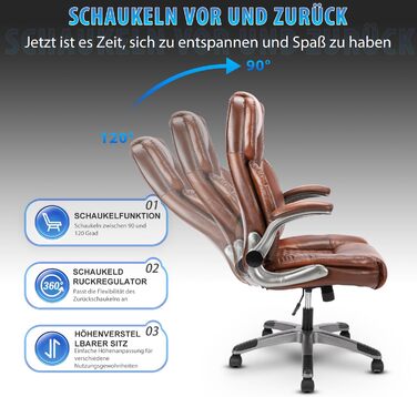 Ергономічне офісне крісло, вантажопідйомність 180 кг, робоче крісло з високою спинкою та широким сидінням, відкидні підлокітники, шкіряне обертове крісло для домашнього офісу та офісу, коричневий класичний колір
