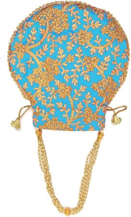 Вишукана індійська сумочка-поклаж Потлі з квітковою вишивкою, оливково-зелений бавовняний клатч з зав'язками для весільного подарунка. Бірюзово-золотий.