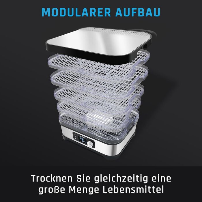 Дегідратор, 450 Вт, 4000 см2, таймер на 24 години, LED-дисплей, нержавіюча сталь INOX, без BPA, модульна конструкція, дегідратор для їжі, грибів, фруктів, м'яса, риби, овочів, 01S
