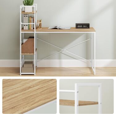 Сучасний письмовий стіл із полицею 120x44x120 см, дуб сонома/білий, 3 полиці, сталевий каркас, регульовані по висоті ніжки, комп&39ютерний стіл, домашній офіс, самостійне складання