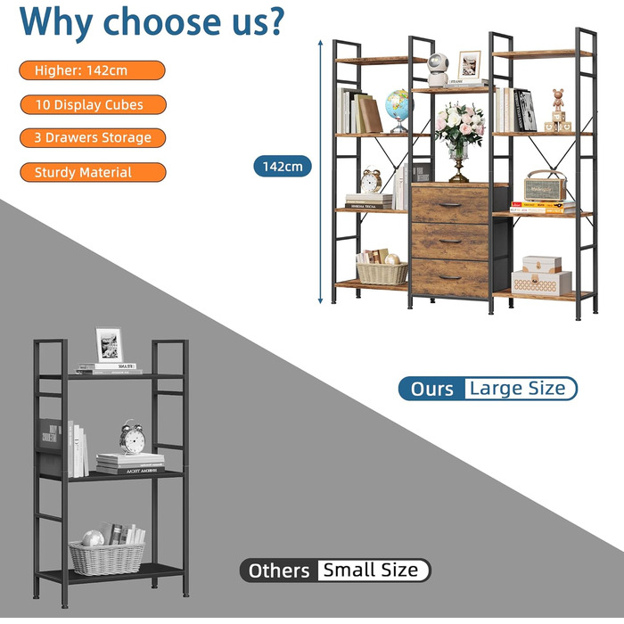 Книжкова полиця 100Ш x 142В см з 4 тканинними шухлядами, окремостояча книжкова полиця, кухонна полиця для вітальні, офісу, балкону, кубічна книжкова полиця, кухонна полиця для зберігання, книжкова шафа, індустріальний дерев&39яний стиль, 4 рівні - 100 см,