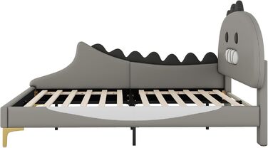 Ліжко 140x200 з рейковою основою, дитяче двоспальне ліжко, форма динозавра, каркас ліжка, молодіжне ліжко, ліжко для хлопчиків та дівчаток, ПУ, без матраца, 140 x 200 см, сірий