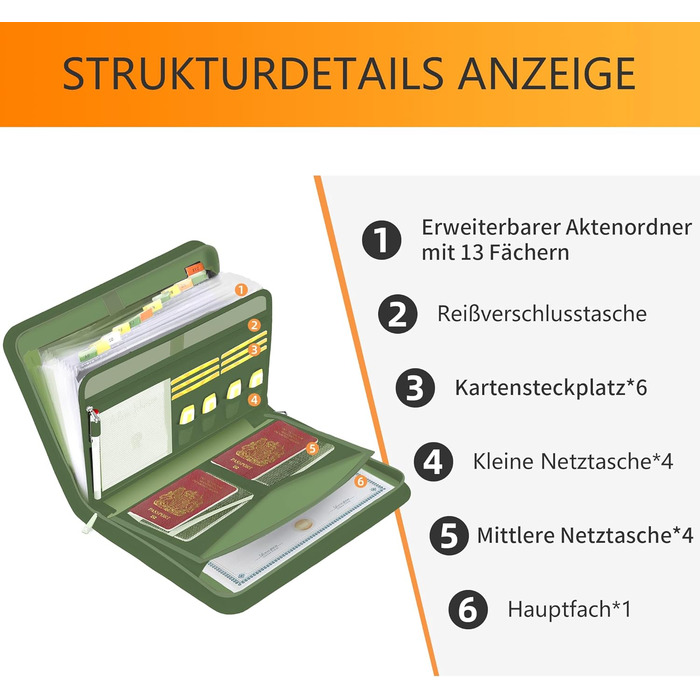 Папка для документів A4 з 13 відділеннями та кількома відділеннями - Вогнетривка сумка для документів із застібкою-блискавкою та етикетками - для файлів формату А4 Закордонний паспорт Чек та інше (L, прозора гармошка з 13 кишенями, зелена), 4 -