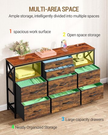 Комод Hzuaneri 140 см, 2 порти USB та 2 порти змінного струму, комод з 8 тканинними шухлядами, універсальні меблі для зберігання речей у вітальні та спальні, 30 x 140 x 86 см, вінтажний DU03801BEU