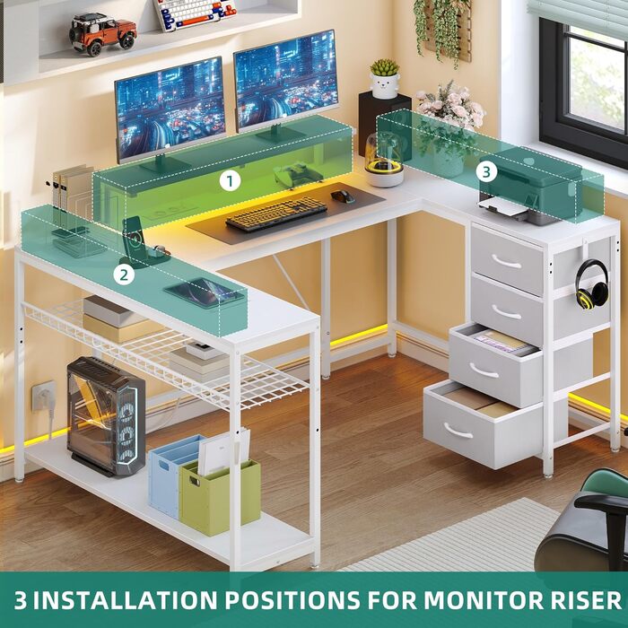 Кутовий стіл YITAHOME з 4 шухлядами та місцем для зберігання, ігровий стіл зі світлодіодним освітленням та підставкою для монітора для домашнього офісу, двосторонній кутовий стіл з 2 розетками та 2 портами зарядки USB, 158 см, білий 158 x 100 x 90 см