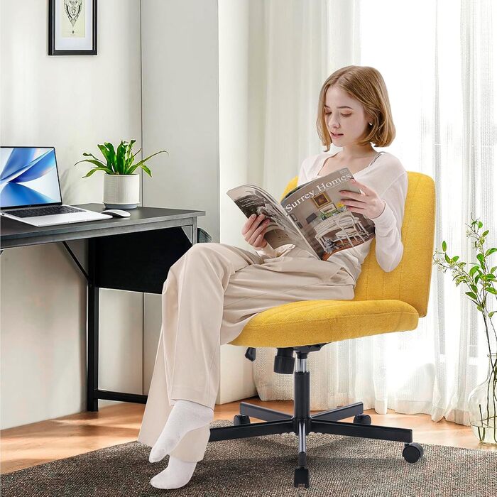 Широке офісне крісло COLAMY, м&39яке офісне крісло без підлокітників, поворотне крісло для домашнього офісу, функція гойдання 115, ергономічне комп&39ютерне крісло для домашнього офісу, для макіяжу, ігор (з колесами, жовтий) Жовтий з колесами