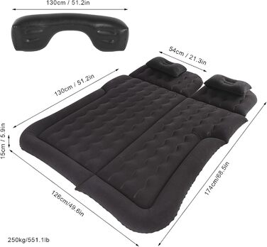 Надувний матрац для кемпінгу, надувний потовщений автомобільний надувний матрац з насосом 12 В, флокована поверхня автомобільного надувного матраца з флокованою ПВХ спинкою для подорожей (чорний)
