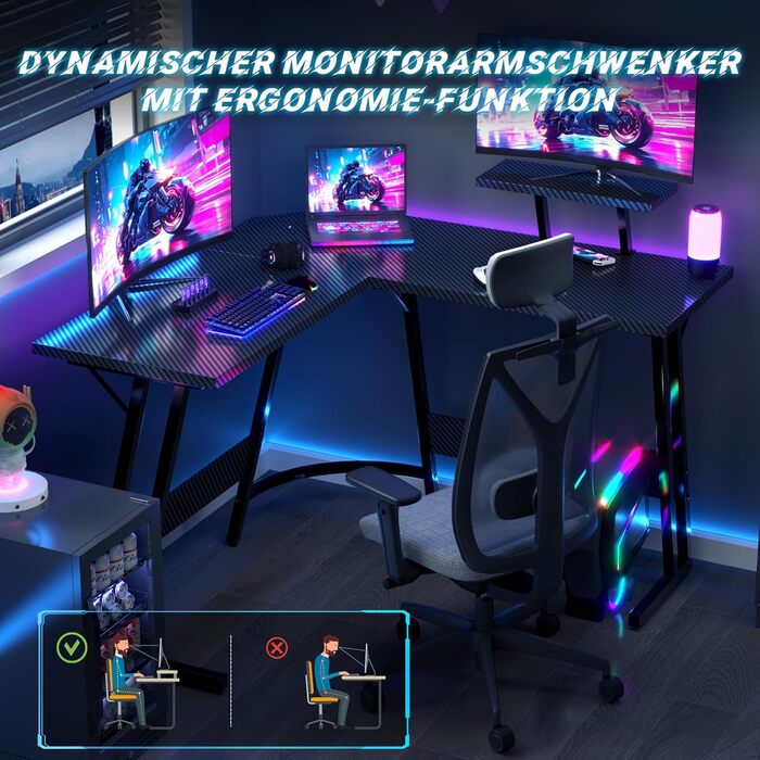 Ігровий стіл L-подібний 120x120 см, Кутовий стіл для ігор, L-подібний стіл з підставкою для монітора, Карбоново-чорний 120 x 120 см Чорний