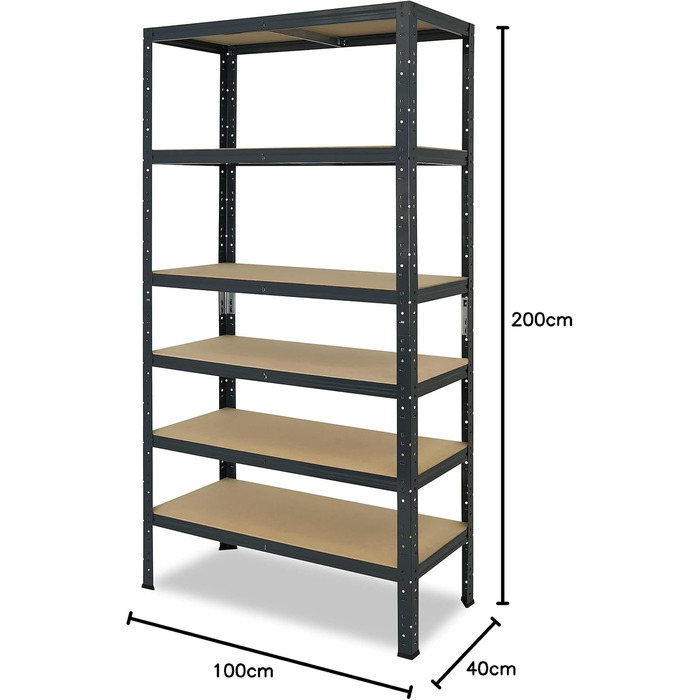 Надміцний домашній стелаж, антрацитовий/металевий стелаж з 6 полицями/металевий стелаж для підвалу, гаражний стелаж, стелаж для майстерні або стелаж для зберігання/змішаний металевий стелаж з вантажопідйомністю 145 кг В 200 см / Ш 100 см / Г 40 см, 200x10