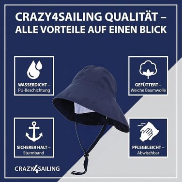 Дощовик crazy4sailing Storm Southwester для чоловіків та жінок водонепроникний вітрильний капелюх з підкладкою та ремінцем на підборідді класичний дощовик з клейкої шкіри для вітрильного спорту, риболовлі та активного відпочинку вітрозахисний та дихаючий,