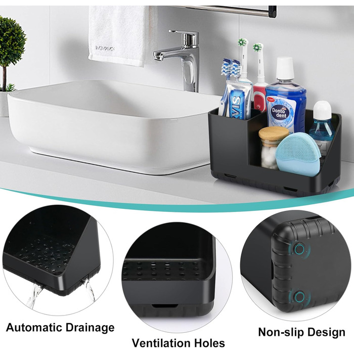 Тримач для зубної щітки для органайзера для ванної кімнати, тримач для електричної зубної щітки зі зливним отвором, знімний органайзер для зубної щітки для ванної кімнати, кухні та сімї (чорний)