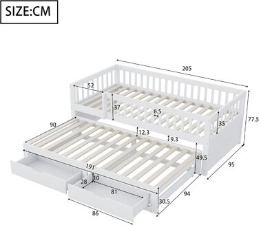 Дитяче ліжко 90x200 диван-ліжко з масиву дерева з висувним ліжком та шухлядами, багатофункціональне ліжко, кушетка, гостьове ліжко з місцем для зберігання речей, дитяче ліжко, каркас ліжка із захистом від падіння та рейковою основою, без матраца, біле. Бі