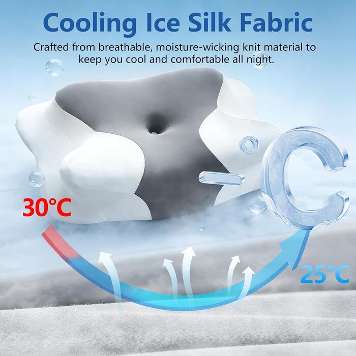 Подушка для шиї з дихаючої піни з ефектом пам&39яті, ергономічна подушка для сну на спині, боці та животі, 63x40x10/12 см, сіро-білий колір