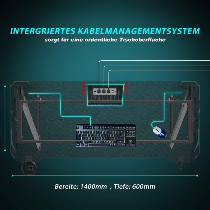Ігровий стіл SONNI 140 см, ігровий стіл зі світлодіодним підсвічуванням, Z-подібна міцна ніжка, з підставкою для чашки та підставкою для навушників, 140x60x75 см, чорний (килимок для миші не входить до комплекту)