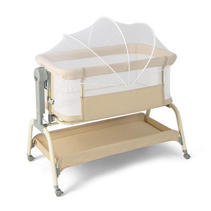 Дитяче ліжко LIFEZEAL з москітною сіткою, дитяче ліжечко-тумбочка з матрацом та колесами, дорожнє ліжечко з 6 регулюваннями висоти, портативна дитяча колиска для малюків 0-6 місяців, колиска з кошиком для зберігання (бежевий)