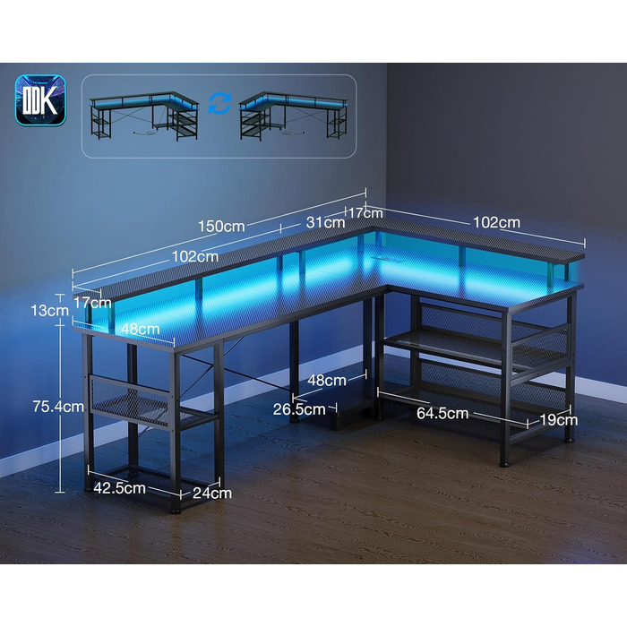 Ігровий стіл ODK зі світлодіодним освітленням, двосторонній ігровий стіл 150102 см з 2 розетками та 2 портами USB для зарядки, великий кутовий стіл із сітчастою полицею, чорний колір з вуглецевого волокна 150102 см з вуглецевого волокна, чорний колір