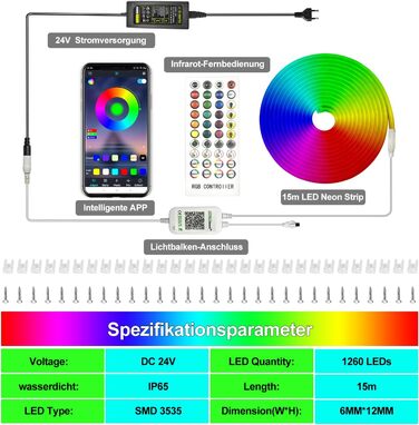 Неонова світлодіодна стрічка Calflux 12V RGB гнучка неонова світлодіодна стрічка, водонепроникна світлодіодна стрічка IP65 з пультом дистанційного керування, для внутрішнього та зовнішнього декору (15 м)