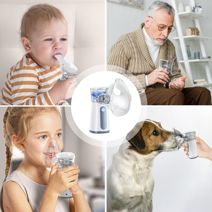 Інгалятор, Портативний інгалятор для дорослих та дітей, Безшумний регульований інгалятор з мундштуком та 2 масками, 3 швидкості, USB-C інгалятор з акумулятором - Сірий