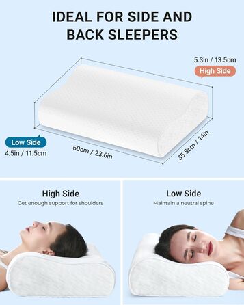 Подушка Elviros з піни з ефектом пам&39яті, регульована ергономічна подушка для полегшення болю в шиї, ортопедична подушка для підтримки шиї для сну на боці та на спині, знімний дихаючий чохол, білий