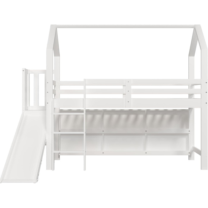 Дитяче двоярусне ліжко 90 x 200 см з гіркою, Багатофункціональне дитяче ліжко зі сходами та полицею для зберігання, Односпальне ліжко Treehouse з місцем для зберігання, Масив дерева МДФ, Білий