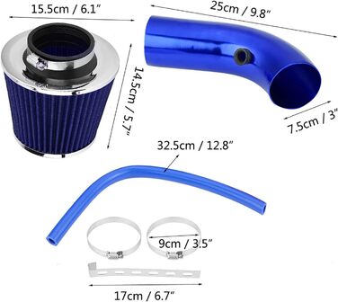 Мм 3-дюймовий універсальний спортивний повітряний фільтр Комплект фільтрів для впуску повітря автомобіля, комплект фільтрів для впуску холодного повітря з алюмінієвим шлангом синього кольору, 76