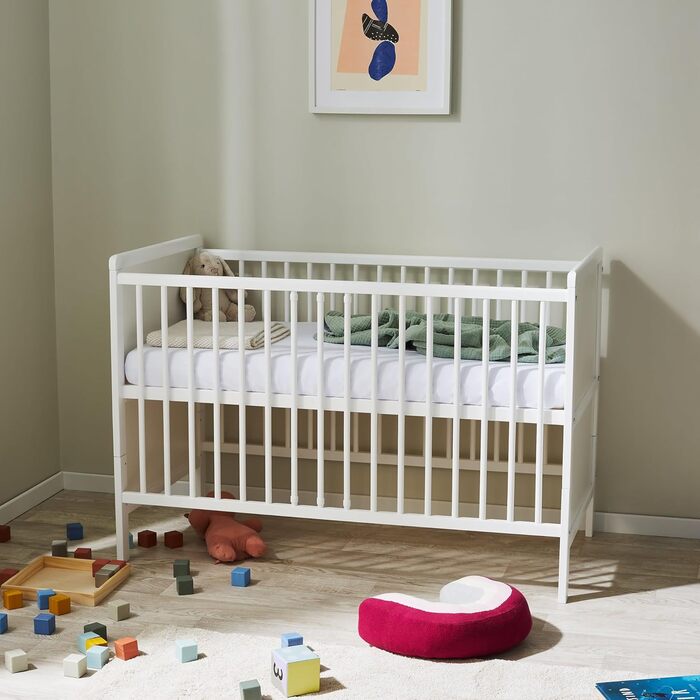 Дитяче ліжко-трансформер Kids Collective з матрацом, дитяче ліжко, ліжечко, бічне ліжко 60x120 см, захист від падіння, повний комплект дитячого ліжка для малюків, регульовані по висоті та знімні ламелі, дерево, біле, 60 x 120 см білий матрац