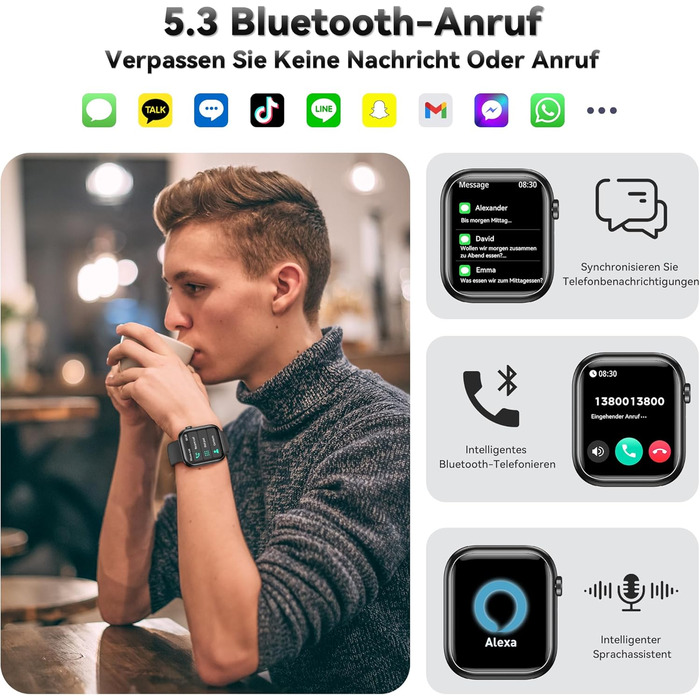 Розумний годинник для чоловіків та жінок, 1,83-дюймовий HD фітнес-трекер з крокоміром/монітором артеріального тиску/монітором серцевого ритму/функцією телефону, трекер сну, 120 спортивних режимів, водонепроникний фітнес- та спортивний годинник IP68 для iP