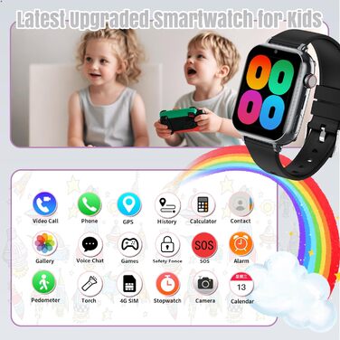 Дитячий смарт-годинник з GPS та телефоном, дитячий смарт-годинник 4G з SIM-карткою, функцією відеодзвінків, GPS-годинник, шкільний режим SOS, водонепроникні ігри, будильник, дитячий годинник-подарунок для учнів, чорний - 4G GPS відеодзвінки