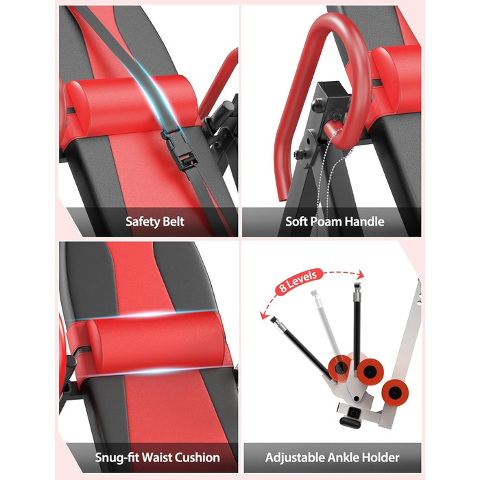 Регульований/складаний інверсійний стіл YOLEO з потрійним блокуванням безпеки, гравітаційний тренажер з ременем безпеки для терапії та полегшення болю в спині/шиї, червоний