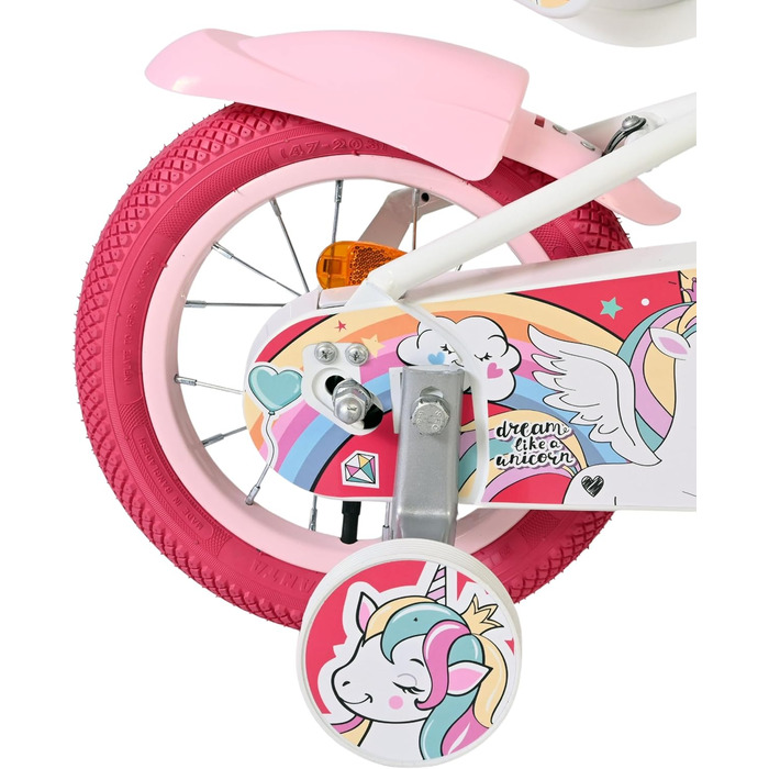 Дитячий велосипед Volare білий з сидінням-єдинорогом та рожевими ручками Ножне та ручне гальмо З додатковими колесами Комфорт та безпека Вік 35 років Легкий у збиранні Ідея для подарунка