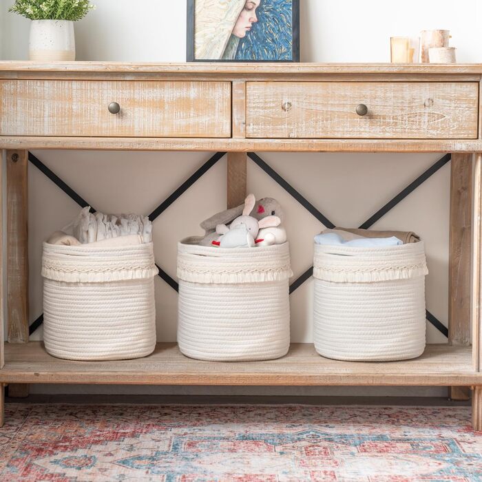 Декоративний кошик Mkono з макраме з бавовняної мотузки, декор для дитячої кімнати в стилі бохо, маленький, милий, плетений пензлик, шафа, контейнер для зберігання дитячих іграшок, журналів, вітальня, спальня, колір слонової кістки 11&39x11&39
