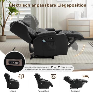 Електрично регульоване крісло-реклайнер з функцією відкидання спинки, крісло для телевізора зі штучної шкіри з масажем та підігрівом, сучасне кінокрісло зі світлодіодним підсвічуванням/USB, до 150 кг (чорне, 1 крісло-реклайнер з консоллю) Чорне 1 крісло-р