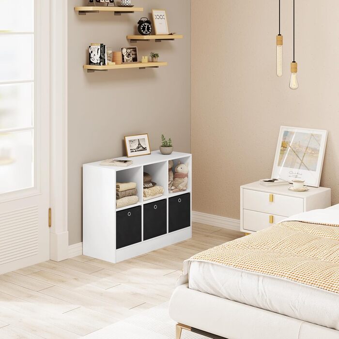 Книжкова полиця WOLTU з 3 шухлядами з нетканого матеріалу, окремостояча полиця з 6 відділеннями, кубічна полиця для спальні, вітальні, кабінету, офісу, біла, 80x60x30 см, SK033ws 6 відділень (30Г x 80Ш x 60В см) Біла