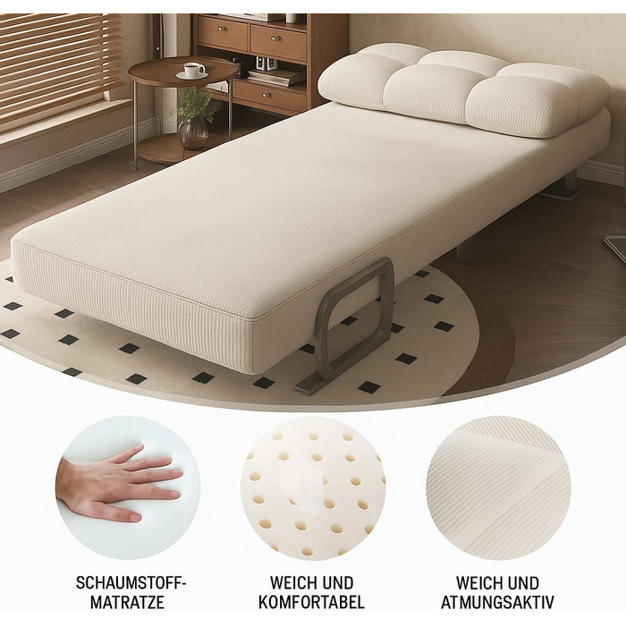 Крісло-розкладний диван-ліжко 1-місний Високий комфорт, розбирається з подушками, металевими підлокітниками та ніжками (білий)