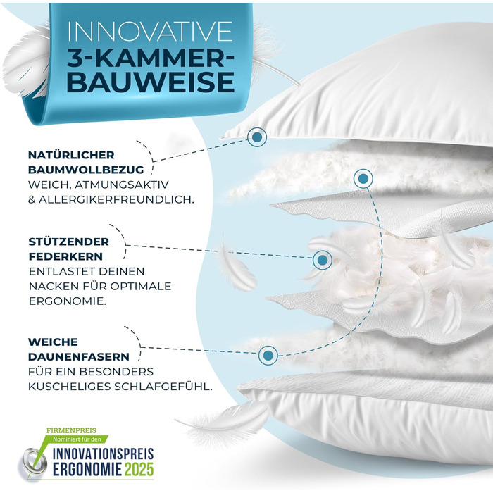Пухова подушка Glckstoff 80x80 Зроблено в Німеччині - Високоякісна подушка зі 100 пуху та пера - Ергономічна 3-камерна пухова подушка - Подушка для ліжка - Пухова подушка - Подушка з пір&39яним наповнювачем 80x80 см, комплект з 1 предмета