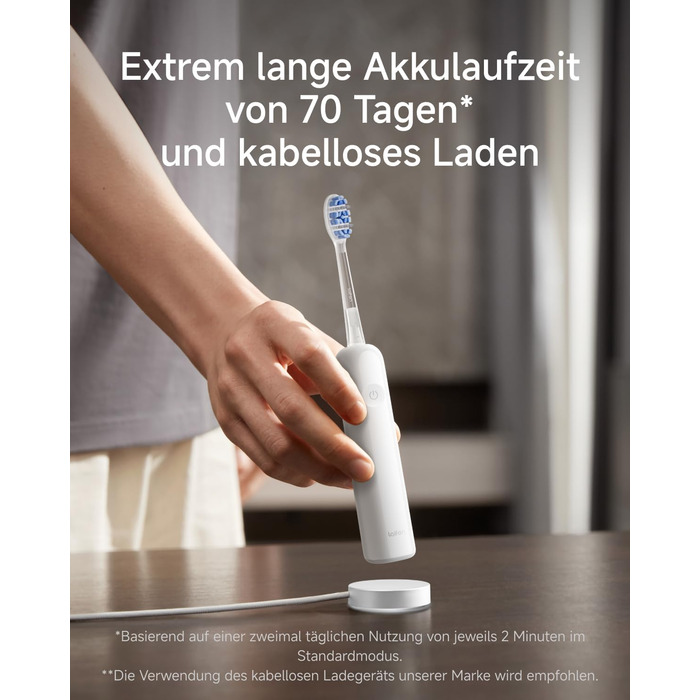 Звукова зубна щітка з 6 режимами чищення та акумулятором на 70 днів, 60 осциляції, контроль тиску, 2 інтелектуальні насадки (ABS Білий)