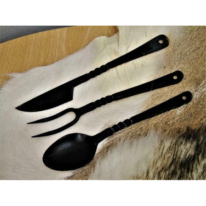 Середньовічний набір столових приборів, кована сталь ручної роботи, ніж, виделка, ложка 4261