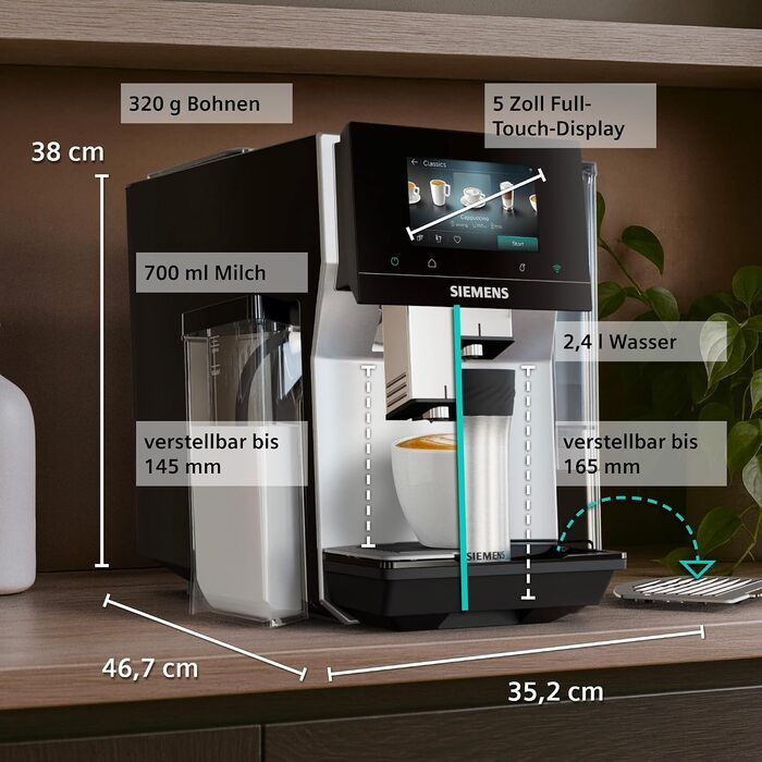 Кавомашина Siemens EQ700 iAroma сенсорний дисплей, вбудований контейнер для молока, підігрівач чашок, Cold Brew та Slow Brew, додаток Home Appliances, нержавіюча сталь чорна, TQ727D03