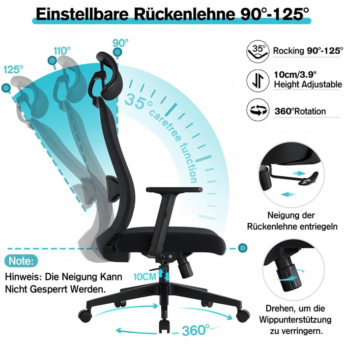Ергономічне офісне крісло, обертове крісло з поперековою подушкою з пінопласту, офісні крісла з регульованими 2D підголівниками та підлокітниками, крісло для керівника до 150 кг/330 фунтів (чорне)