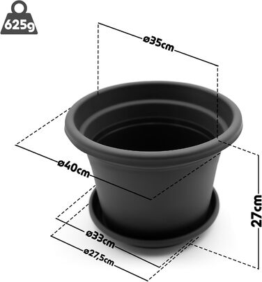 Набір із 4 круглих квіткових горщиків з блюдцями BigDean, ø 40 см, антрацит всепогодні кашпо, зроблені в Європі, антрацит, ø 40 см