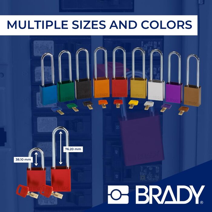 Замок навісний Brady SafeKey алюмінієвий, замок для блокування/маркування (Lockout/Tagout) з ключем замок безпеки для внутрішнього та зовнішнього використання висота дужки 38.10 мм індивідуальний ключ фіолетовий