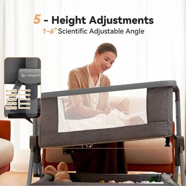 Дитяче ліжечко babyboat 3 в 1, портативне дитяче ліжечко з колесами, регульоване дорожнє ліжечко з матрацом та сумкою, сірого кольору, колиска для дітей 0-6 місяців, сірий-1
