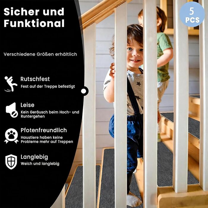 Килим для сходів 30 x 40 см, приємний м&39який ворс, самоклеючий та протиковзкий, можна різати, багаторазовий, 5 килимових сходинок, килимки для сходів для дітей, людей похилого віку, C