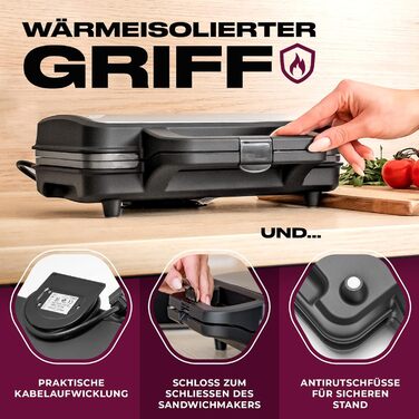 Бутербродниця ProfiCook Американські сендвічі XXL Скибочки тостів Електричний тостер для сендвічів Дуже великі сендвіч-панелі (з антипригарним покриттям) Бутербродниця потужністю 900 Вт PC-ST 1092 Одномісний