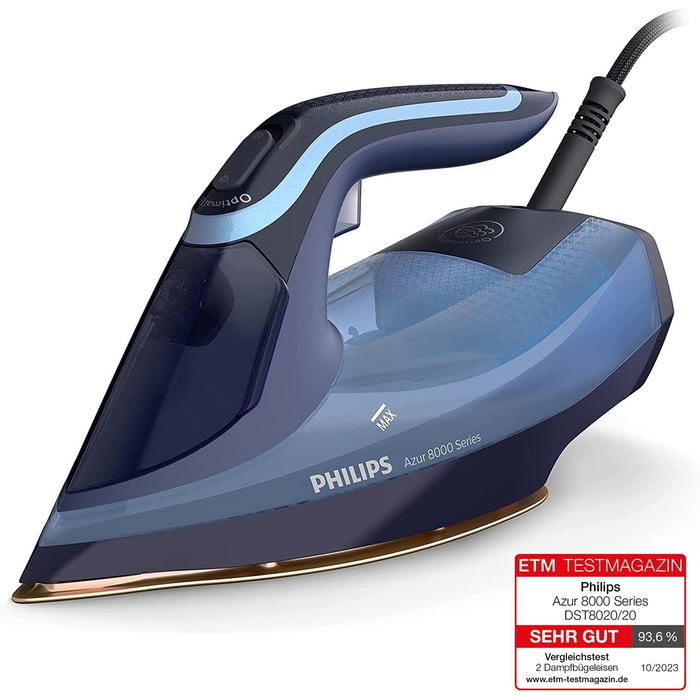 Парова праска Philips серії Azur 8000 - безперервна пара 55 г/хв, паровий удар 240 г, 3000 Вт, технологія OptimalTEMP, SteamGlide