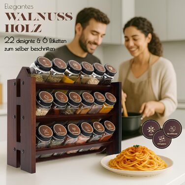 Елегантна підставка для спецій з темного дерева, настінна та настінна, 18 баночок для спецій, 25 етикеток, органайзер для спецій, підставка для спецій, кухонна полиця, вінтажна дерев&39яна підставка для спецій - підвісна система підставок для спецій - збе