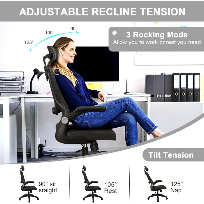 Ергономічне офісне крісло LEVIPE, стілець для роботи з поперековою опорою, підлокітники, регульований підголівник, комп&39ютерне крісло, поворотне, висока спинка, зручне, для домашнього офісу, чорне