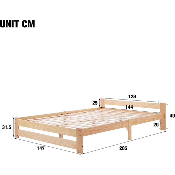 Ліжко-футон Merax з масиву дерева, ліжко з натурального дерева з узголів&39ям та рейковою основою, натуральний колір (200x140 см)